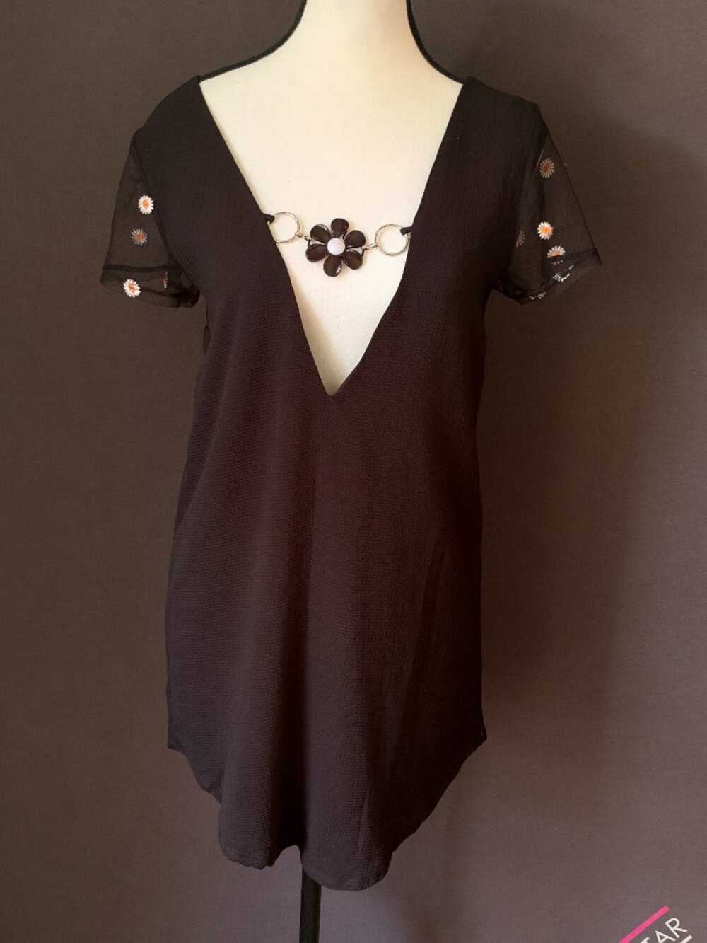 Lucy in the Sky Black Textured Mini Dress Daisy Mesh Sleeve Flower Ring XS